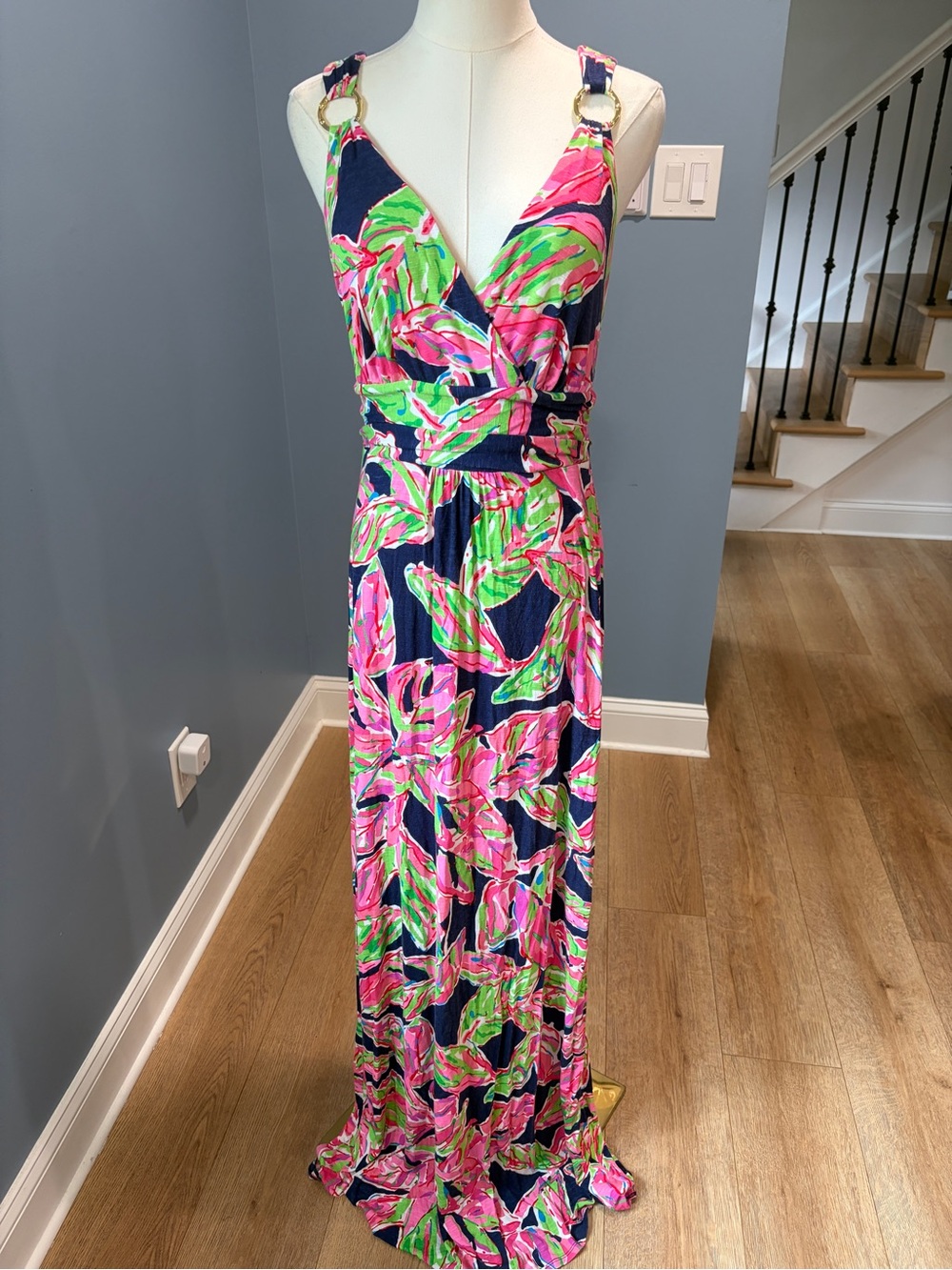 Lilly Pulitzer Tropical Floral Maxi Dress Gold Ring Strap Navy Pink Green Medium